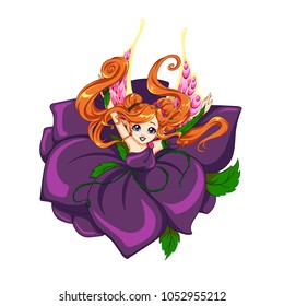 Pretty cartoon fairy girl wearing rose petals. Hand drawn vector illustration. Can be used for coloring book, mobile games, T-shirt, tattoo, print and cards.