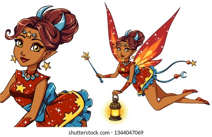 Pretty cartoon fairy holding lantern and magic wand. Brown hair, red dress. Moon, stars. Hand drawn vector illustration for kid mobile games, books, t-shirt design template etc.  