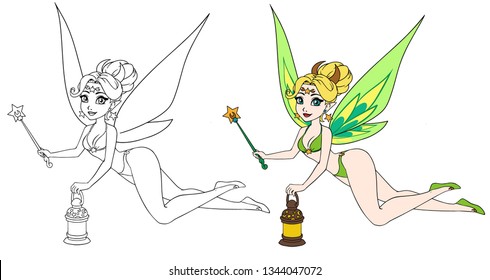 Pretty cartoon fairy holding lantern and magic wand. Contour hand drawn vector illustration for kid mobile games, coloring books, t-shirt design template etc.  