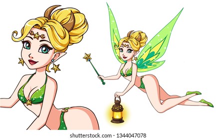 Pretty cartoon fairy holding lantern and magic wand. Blonde hair, green swimsuit. Moon, stars. Hand drawn vector illustration for kid mobile games, books, t-shirt design template etc.  