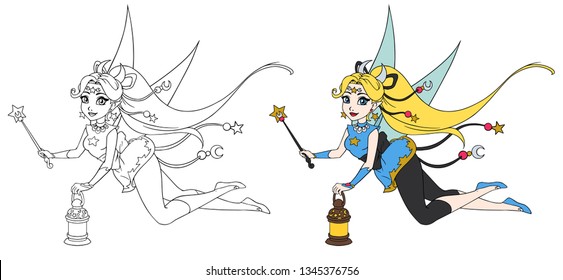 Pretty cartoon fairy holding lantern and magic wand. Contour hand drawn vector illustration for kid mobile games, coloring books, t-shirt design template etc.  