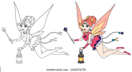 Pretty cartoon fairy holding lantern and magic wand. Contour hand drawn vector illustration for kid mobile games, coloring books, t-shirt design template etc.  