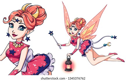 Pretty cartoon fairy holding lantern and magic wand. Pink hair and dress. Moon, stars. Hand drawn vector illustration for kid mobile games, books, t-shirt design template etc.  