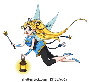 Pretty cartoon fairy holding lantern and magic wand. Blonde hair, blue dress. Moon, stars. Hand drawn vector illustration for kid mobile games, books, t-shirt design template etc.  