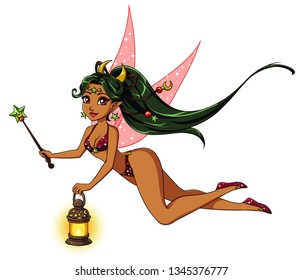 Pretty cartoon fairy holding lantern and magic wand. Green hair, red swimsuit. Moon, stars. Hand drawn vector illustration for kid mobile games, books, t-shirt design template etc.  