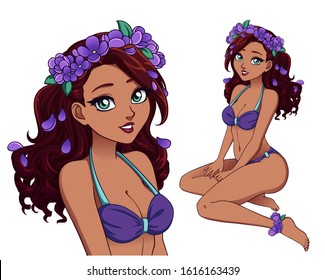 Pretty cartoon girl with curly hair wearing purple swimsuit and flower wreath. Black hair, dark skin, big blue eyes. Hand draw vector illustration.