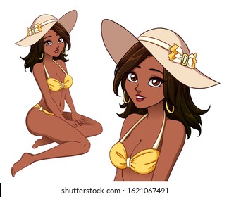 Pretty cartoon girl with dark skin, brown hair and wearing summer hat and yellow bikini. Hand drawn vector illustration isolated on white.