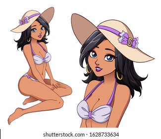 Pretty cartoon girl with dark skin, black hair and wearing summer hat and violet bikini. Hand drawn vector illustration isolated on white.