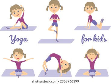 Pretty cartoon girl demonstrates yoga  poses.