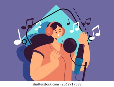 Pretty cartoon girl with headphones singing song in front of microphone. Cartoon vocalist making record of voice and sound in studio flat vector illustration. Music, art, recording studio concept