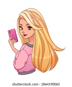 Pretty cartoon girl with long red hair taking selfie and wearing white shirt. Hand drawn vector illustration isolated on white.