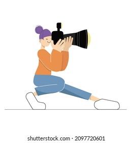 Pretty cartoon girl photographer holding a camera in her hand. Aspiring female photographer in sitting. Vector illustration in flat style, isolated on white background.