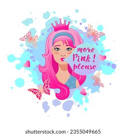 Pretty cartoon girl with pink hair, crown and chewing gum. More Pink please! Pink aesthetic. Vector illustration.