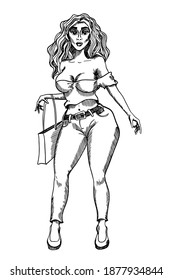 Pretty cartoon girl posing in jeans. Curves, body positive diverse woman illustration.
