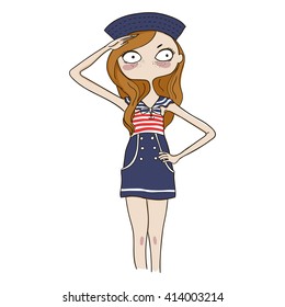 Pretty cartoon girl in a sailor suit and cap. Vector illustration.