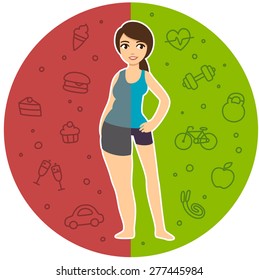 Pretty cartoon girl with two body shapes comparison: chubby on the left and skinny on the right. Background symbolizes different lifestyles: unhealthy and active. Before and after.