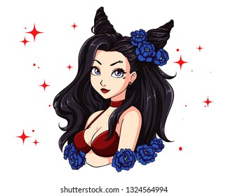 Pretty cartoon girl with wavy black hair, wearing red swimsuit and wreath. Hand drawn vector illustration. Can be used for coloring book, prints, tattoo, cards, games, fashion magazines etc. 