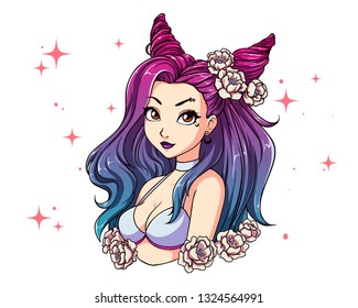 Pretty cartoon girl with wavy colorful hair, wearing white swimsuit and wreath. Hand drawn vector illustration. Can be used for coloring book, prints, tattoo, cards, games, fashion magazines etc. 