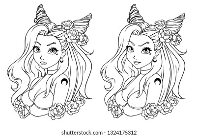 Pretty cartoon girl with wavy hair, wearing swimsuit and wreath. Hand drawn vector illustration. Can be used for coloring book, prints, tattoo, cards, games, fashion magazines etc. 