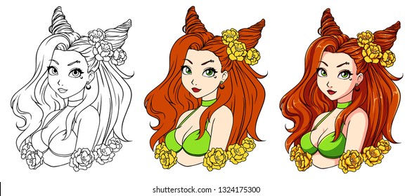 Pretty cartoon girl with wavy red hair, wearing green swimsuit and wreath. Hand drawn vector illustration. Can be used for coloring book, prints, tattoo, cards, games, fashion magazines etc. 