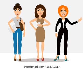Pretty cartoon girls in different clothes with tote bag, phone, tablet and glasses. Student, fashion lover, business woman. Vector set of full body illustration of young women in various poses