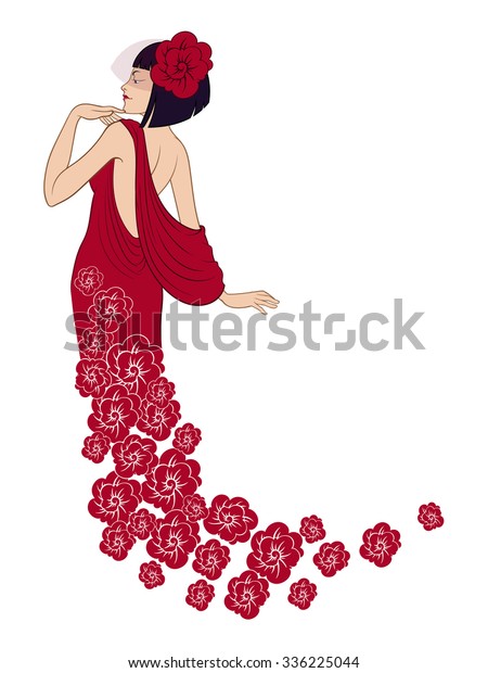 Pretty Cartoon Lady Red Flower Dress Stock Vector Royalty Free