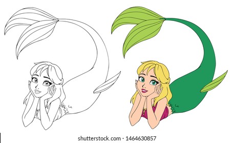 Pretty cartoon lying mermaid. Blonde hair and green fish tail. Hand drawn contour vector illustration for coloring book, children games, tattoo, sticker, t-shirt. 