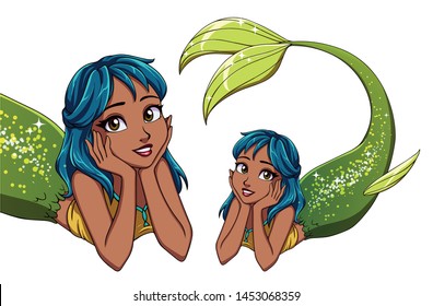 Pretty cartoon lying mermaid. Blue hair and shiny green fish tail. Cute big dark eyes. Hand drawn vector illustration for t-shirt design, print template. 