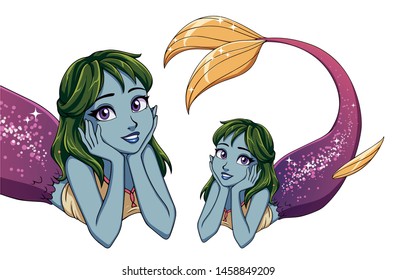 Pretty cartoon lying mermaid. Green hair, blue skin and shiny purple fish tail. Cute big violet eyes. Hand drawn vector illustration for t-shirt design, print template. 