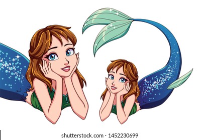 Pretty cartoon lying mermaid. Red hair and shiny blue fish tail. Cute big blue eyes. Hand drawn vector illustration for t-shirt design, print template. 