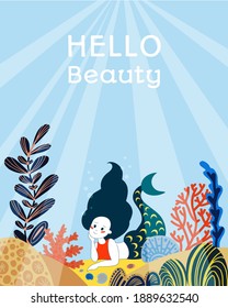 Pretty cartoon mermaid girl colored poster. Under sea fairy creature. Bright colored vector design. Smiley baby girl in undersea world life. Shells, sea weed, corals and sand bottom. Isolated element