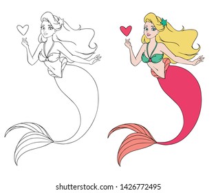 Pretty cartoon mermaid holding a heart. Blonde hair and shiny pink fish tail. Cute big blue eyes. Hand drawn contour vector illustration for coloring book, children games, tattoo, sticker, t-shirt. 