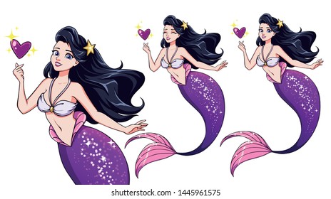 Pretty cartoon mermaid holding magical heart. Black hair and shiny purple fish tail. Cute big blue eyes. Closed eyes version. Hand drawn vector for t-shirt design, print template. 