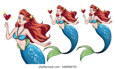 Pretty cartoon mermaid holding magical heart. Red hair and shiny blue fish tail. Cute big green eyes. Closed eyes version. Hand drawn vector for t-shirt design, print template. 