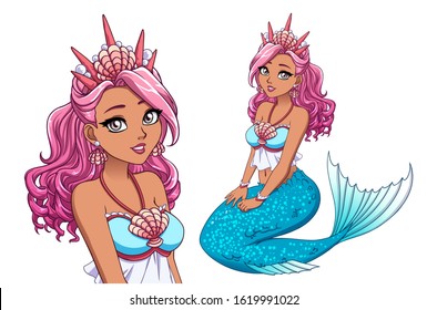 Pretty cartoon mermaid princess with curly pink hair, dark skin and shiny blue fish tail, wearing shell crown. Hand drawn vector illustration isolated on white.