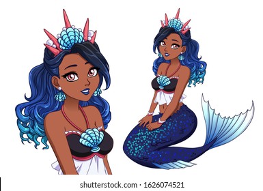 Pretty cartoon mermaid princess with curly blue hair, dark skin, shiny blue fish tail and wearing shell crown. Hand drawn vector illustration isolated on white.