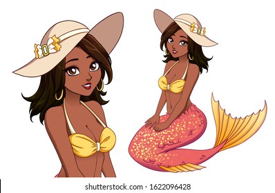 Pretty cartoon mermaid princess with dark skin, black hair and shiny coral fish tail and wearing summer hat. Hand drawn vector illustration isolated on white.