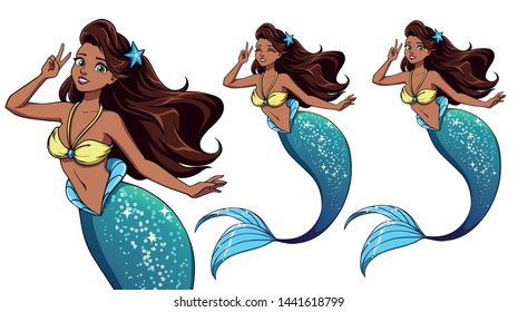 Pretty cartoon mermaid using a V sign. Brown hair and shiny blue fish tail. Cute big green eyes. Closed eyes version. Hand drawn vector for t-shirt design, print template. 