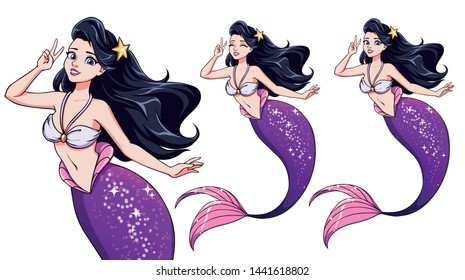 Pretty cartoon mermaid using a V sign. Black hair and shiny violet fish tail. Cute big blue eyes. Closed eyes version. Hand drawn vector for t-shirt design, print template. 