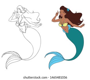 Pretty cartoon mermaid using V sign. Brown hair, dark skin and blue fish tail. Closed eyes. Hand drawn contour vector illustration for coloring book, children games, tattoo, sticker, t-shirt. 