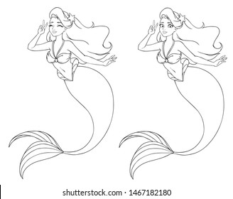 Pretty cartoon mermaid using V sign. Open and closed eyes versions. Hand drawn contour vector illustration for coloring book, children games, tattoo, sticker, t-shirt. 
