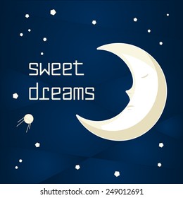 Pretty cartoon moon sleeping in the night sky with stars