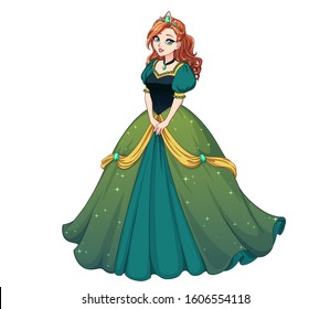 Pretty cartoon princess standing and wearing green ball dress. Red curly hair, big blue eyes. Hand drawn vector illustration isolated on white background.