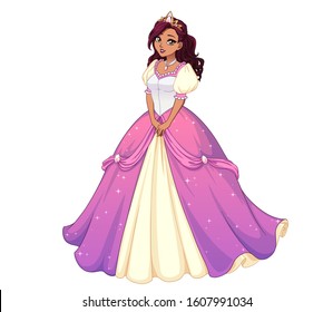 Pretty cartoon princess standing and wearing pink ball dress. Dark curly hair, big brown eyes. Hand drawn vector illustration isolated on white background.