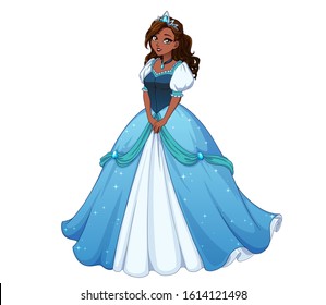 Pretty cartoon princess standing and wearing blue ball dress. Black curly hair, big brown eyes. Hand drawn vector illustration isolated on white background.