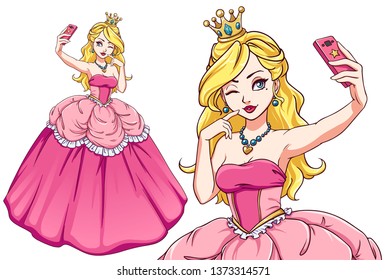 Pretty cartoon princess taking selfie. Blondie girl wearing pink royal dress and golden crown. Hand drawn vector illustration. Can be used for t-shirt template, children mobile games, books, cards.