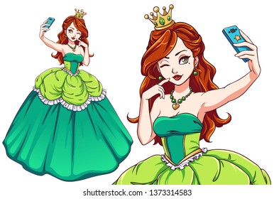 Pretty cartoon princess taking selfie. Red haired girl wearing green royal dress and golden crown. Hand drawn vector illustration. Can be used for t-shirt template, children mobile games, books, cards