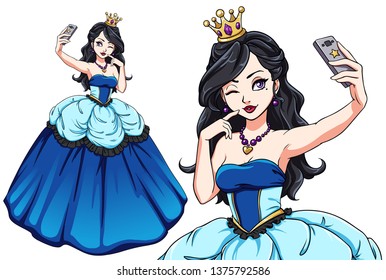 Pretty cartoon princess taking selfie. Brunette girl wearing blue royal dress and golden crown. Hand drawn vector illustration. Can be used for t-shirt template, children mobile games, books, cards.