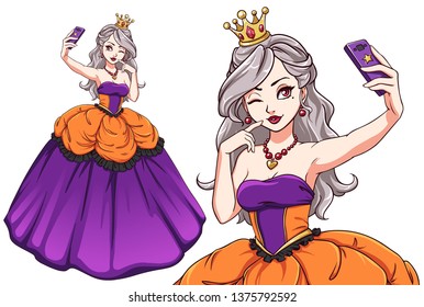 Pretty cartoon princess taking selfie. Blondie girl wearing purple royal dress and golden crown. Hand drawn vector illustration. Can be used for t-shirt template, children mobile games, books, cards.