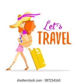 Pretty cartoon red hair woman traveling with suitcase at summer vacation. Let's travel poster concept. Vector illustration isolated on white background